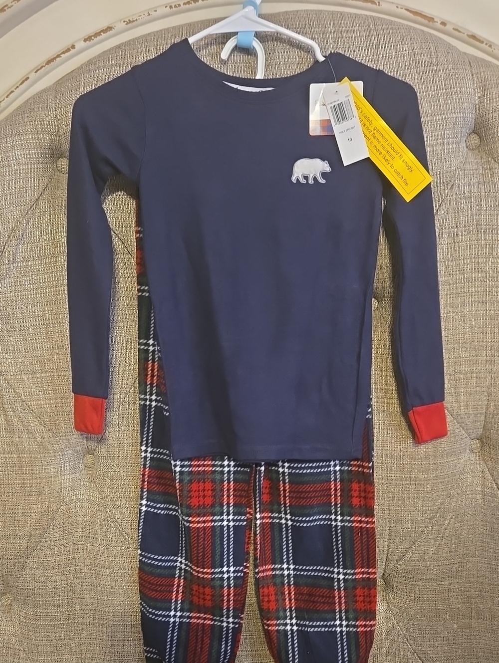Boys 10 Navy Bear Pajama Set with Red Plaid Jogger Style Pants